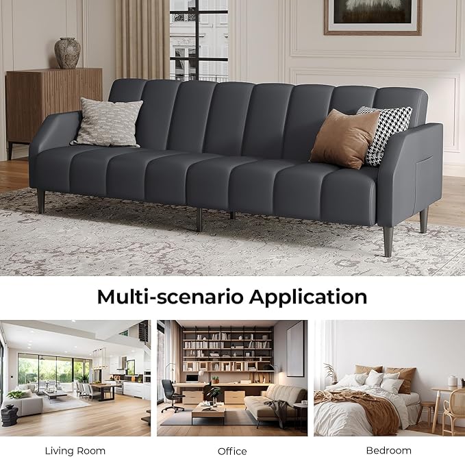Fadware Faux Leather Couch, Convertible Futon Sofa Bed with Adjustable Backrest, Mid Century Leather Sofa Loveseat with Side Pockets& Metal Leg, Modern Leather Sleeper Sofa for Living Room Bedroom