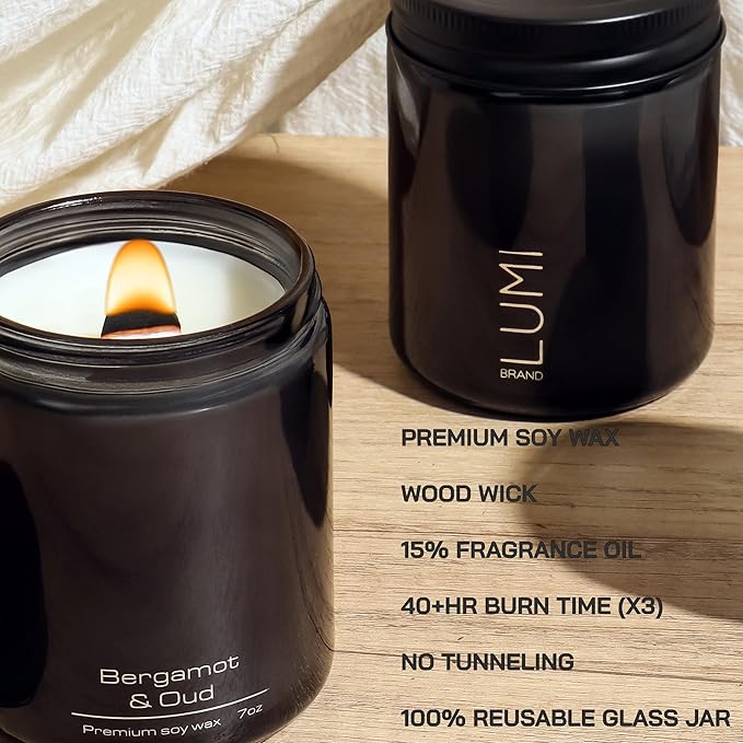 Set of 3 Premium Scented Soy Candles Gift Set | Le Noir Collection - Men’s Cologne, Red Teakwood, Bergamot & Oud | Crackling Wood Wick | Luxury Candles for Relaxation, Home Décor & Gifts | 9.8oz Each