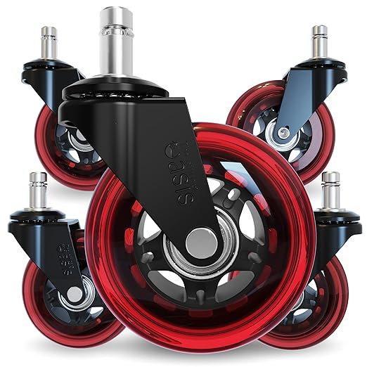The Office Oasis Original Rollerblade Office Chair Wheels (As Seen On PBS) - Smooth & Quiet Casters - Safe for Hardwood Floors & Carpet - Easy Installation with Universal Fit - Set of 5 - Red