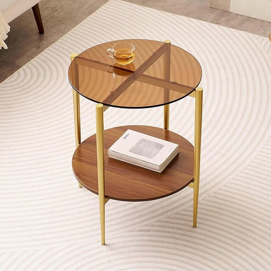 Round Glass End Table, Mid-Century Modern Design Sofa Table for Living Room, D18 x H23, 2-Tier Structure, Amber Glass Top and Walnut Shelf, Sleek Conical Legs with Gold Finish Frame