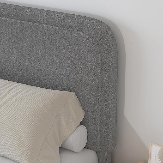 BarnFurin Queen Size Boucle Bed Frame with Headboard, Upholstered Platform Bed with Wood Slats, Soft Rounded Corners, No Box Spring Required, Easy Assembly, Light Grey
