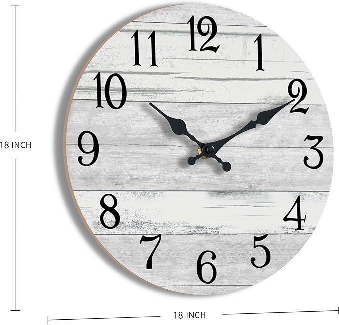 Wall Clock Battery Operated 18 Inch Large Gray Silent Non Ticking Country Rustic Design Vintage Retro Decorative for Bathroom Kitchen Bedroom