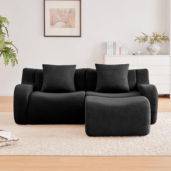Black Modular Cloud Couch Loveseat with 1 Ottoman, Teddy Fabric Boneless Sectional Sofa in a Box, Comfortable Floor Sofa for Living Room, No Assembly Required, Sofas para Sala