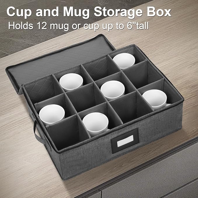 Mayniu Cup and Mug Storage Box 2Pack, China Storage Containers for 12 Tea Cups or Coffee Mugs with Zipper Lid and Rivet Reinforced Handles, Hard Shell and Stackable (Black)