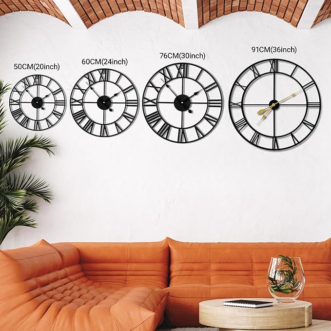 36inch/91cm Large Wall Clocks for Living Room Decor,Wall Clocks Battery Operated,Metal,Decorative,Analog,Silent, Non Ticking,Extra Large Wall Clock (Iron Roman Numerals, 36 inches)