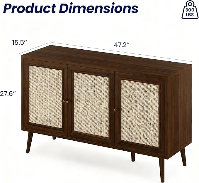 47" Rattan-Door Sideboard Cabinet with Shelf, 3-Door TV Stand Credenza Buffet with Generous Storage, Modern Accent Cabinet for Living Room & Kitchen, Walnut