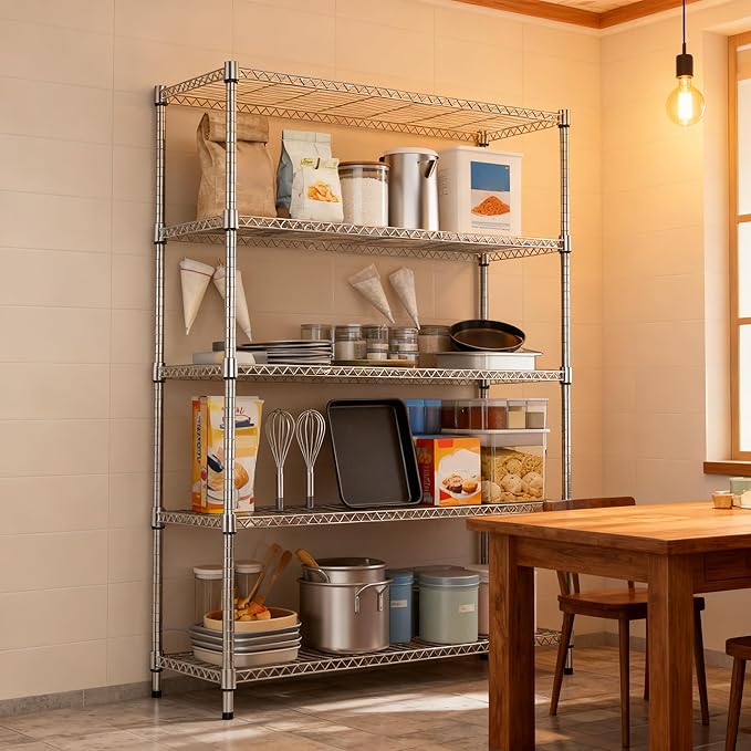 5 Tiers Shelf 1750 lbs Steel Storage Shelving Utility Shelving Unit Steel Organizer Wire Rack for Home,Kitchen,Office,Garage Chrome 17.7" D x 47.2" W x 72.4" H
