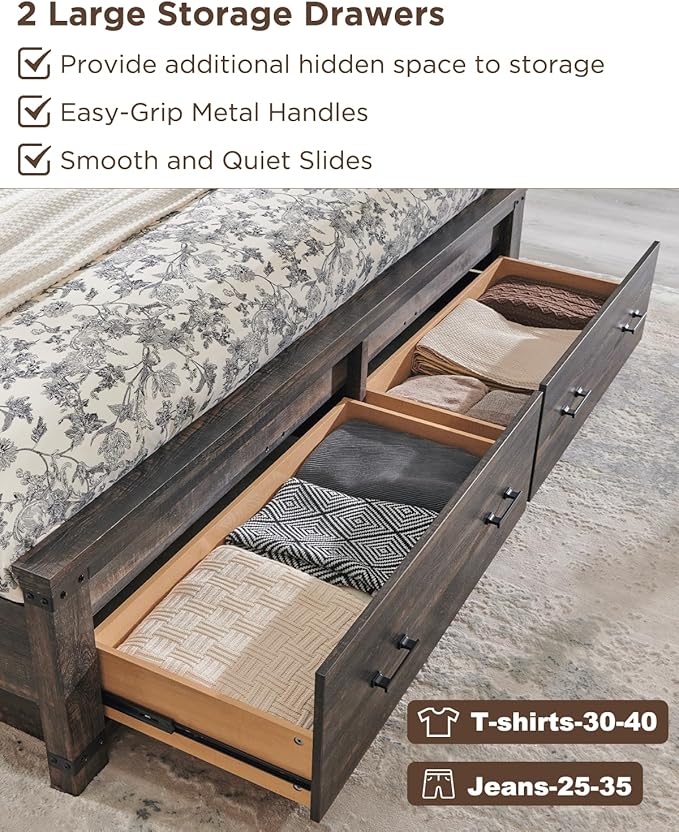 T4TREAM Farmhouse Queen Size Bed Frame with 54" Tall Geometric Headboard & 2 Large Storage Drawers, Rustic Wood Platform Bed with Wood Slats Support, No Box Spring Needed, Dark Rustic Oak