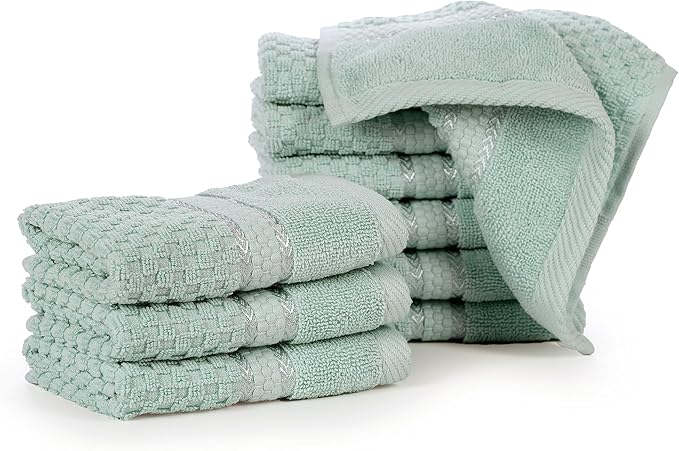 Ample Decor Mint Green Wash Cloth Set of 10 100% Cotton - Quick Dry, Highly Absorbent, Popcorn Textured - Mulaayam Collection - 12 X 12 Inch