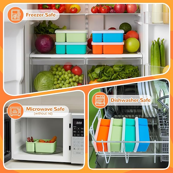 Roshtia 4 Pack Silicone Food Containers with Lids, Reusable Packs Bento Lunch Box for Meal Prep Food Storage, Microwave Dishwasher Safe(2 Compartment,Light)