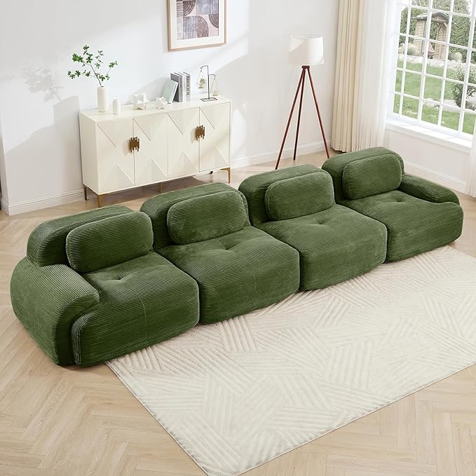 152" Modern Compressed Boneless Couch, 4 Seater Sectional Couches for Living Room, Green Corduroy Cloud Modular Sectional Sofa, Comfy Memory Foam, Extra Deep, Sofas para Sala, No Assembly