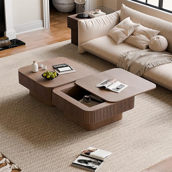 Square Coffee Table for Living Room,Fluted Drum Accent Tea Center Table with Storage,Solid Wood Modern Coffee Tables for Small Space Office Apartment (31.5" L×31.5''W×14''H-Walnut)