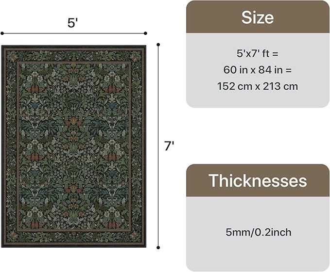 GENIMO 5x7 Washable Area Rug, Non-Slip Vintage Boho Floral Carpet, Soft Low-Pile Thin Bedroom Rug for Living Room, Dining Room, Nursery, Dark Green