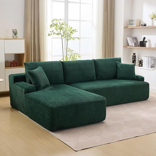 Sectional Cloud Couch for Living Room L Shaped Couch with 3 Seat Ind. Chaise Longue Corduroy Fabric Boneless Modular Modern Sofa with Pillows for Apartment and Small Space