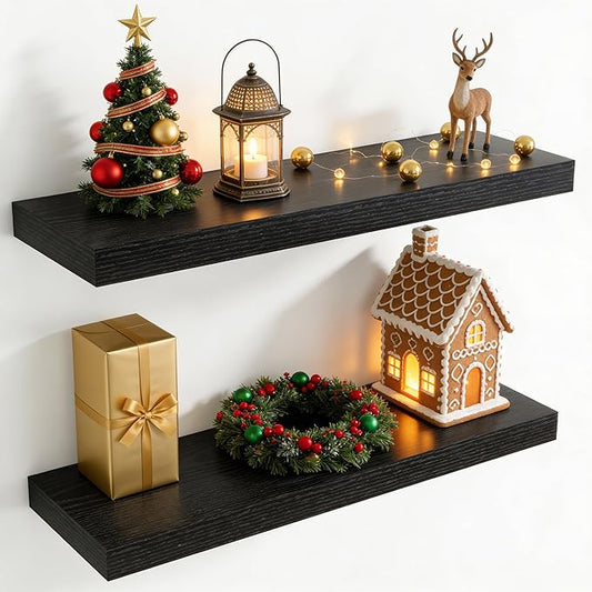 30 Inch Floating Shelves for Wall, 8 Inch Deep Floating Shelf for Storage & Display, Rustic Wall Mounted Shelf with Invisible Brackets for Living Room, Kitchen, Bathroom, Home Decor, Set of 2, Black
