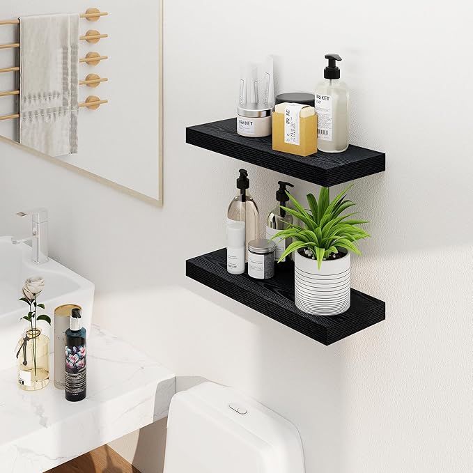 Fun Memories Floating Shelves for Wall, 20Inch Floating Shelves Set of 2, Hanging Shelf with Invisible Brackets, Wood Shelves for Living Room, Bedroom, Kitchen, Black
