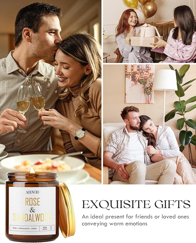 AOOVOO Rose Sandalwood Candles - 9 oz Scented Candles, Aromatherapy Candle, Soy Candle for Home Scented