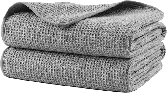 POLYTE 380 GSM Microfiber Oversize Quick Dry Lint Free Waffle Bath Towel for Body, 60 x 30 in, Set of 2