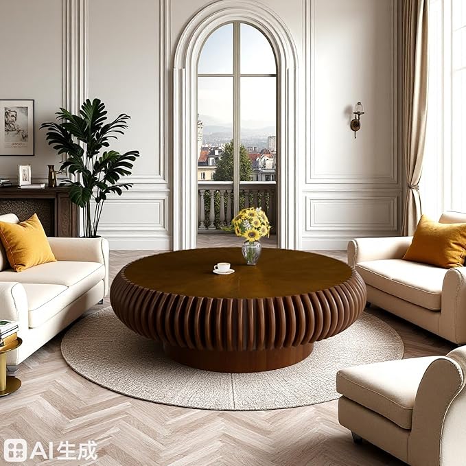 Fluted Round Coffee Table for Living Room 39.37" Modern Drum Coffee Table Mid Century Handcrafted Circle Wood Center Tables with Pedestal for Small Space Apartment (Walnut)