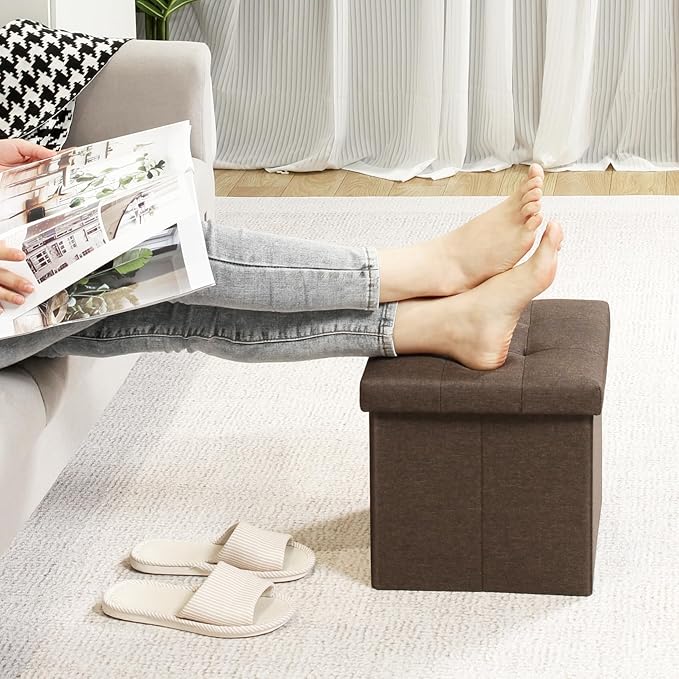 B FSOBEIIALEO Storage Ottoman Cube, Folding Footrest for Living Room Seat, 12.6"X12.6"X12.6" (Linen Brown)