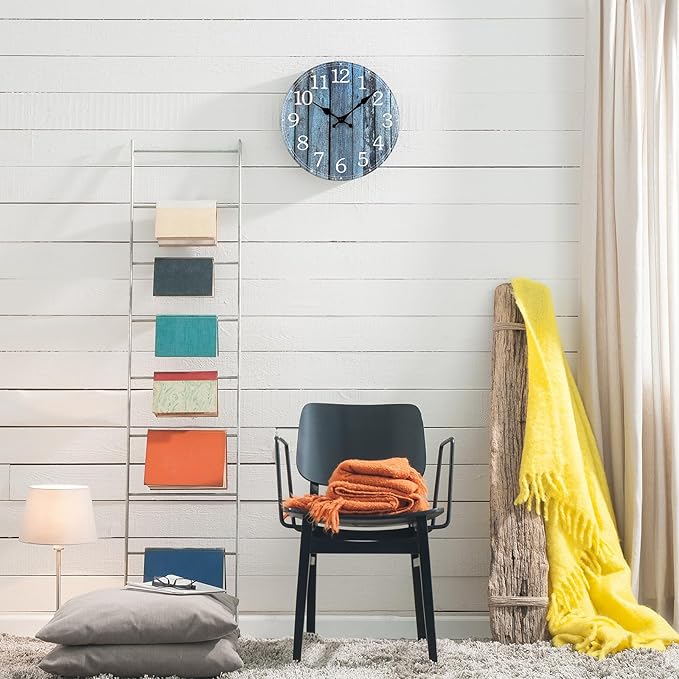 Plumeet Wall Clock, 12'' Frameless Wooden Wall Clocks with Silent Quartz Movement, Rustic Coastal Country Village Clocks Decorative for Kitchen Bedroom Living Room, Blue