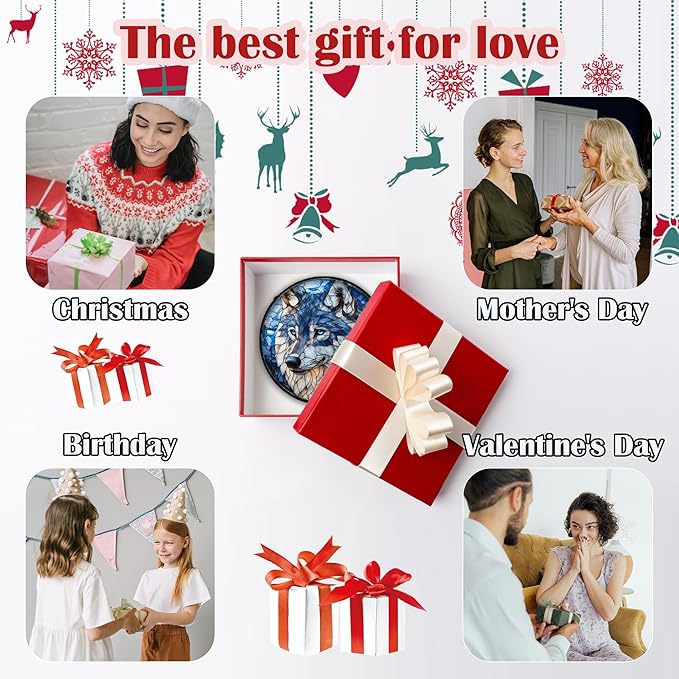 Stained Glass Window Hanging - Funny Wolf Suncatcher Ready to Hang Window Doors Home Decoration and Christmas, Mother's Day Birthday Gifts for Women, Men, and Mom 11.8x11.8 in