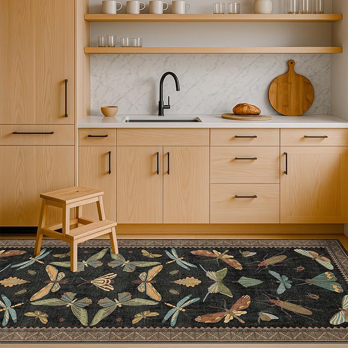 Vintage Insect 2x8 Black Entryway Runner Rug, Washable Non Slip Runners for Kitchen, Boho & Nature Long Rugs for Hallway, Low Pile Soft Stain Resistant Carpet