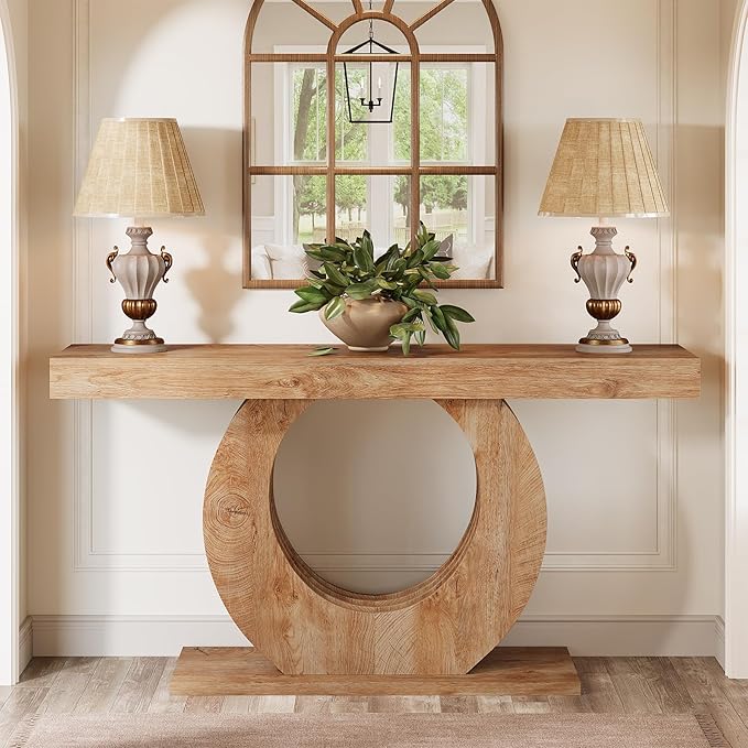 Tribesigns 63-Inch Console Sofa Table, Rustic Industrial Farmhouse Entryway Table, Narrow Long Couch Console Behind Sofa with Black Circle Base for Living Room Hallway, Light Brown