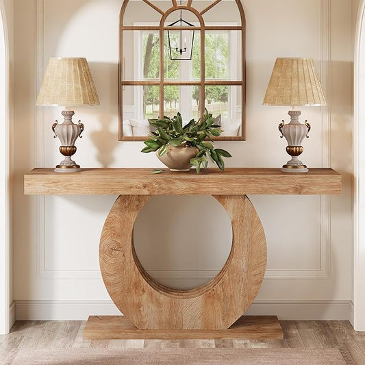 Tribesigns 63-Inch Console Sofa Table, Rustic Industrial Farmhouse Entryway Table, Narrow Long Couch Console Behind Sofa with Black Circle Base for Living Room Hallway, Light Brown