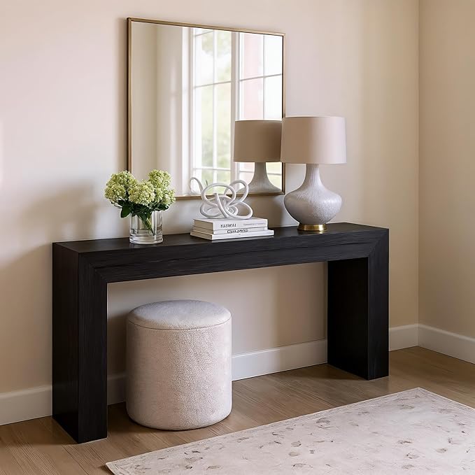 Plank+Beam Grand Console Table, 66 Inch Modern Solid Wood Sofa Table, Narrow Entryway Table for Hallway, Behind The Couch, Living Room, Foyer, Black Wirebrush