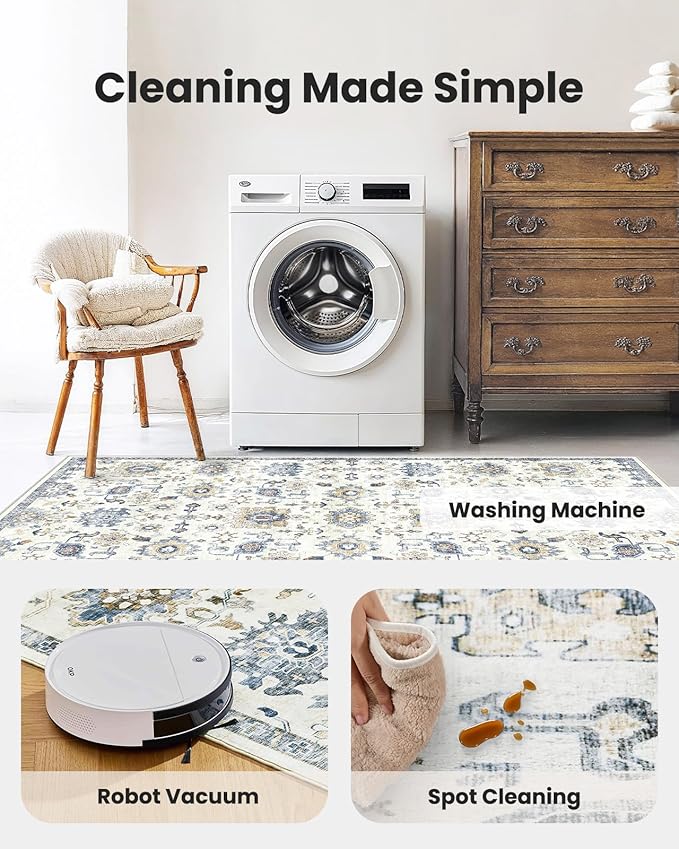 AMADA HOMEFURNISHING 8x10 Washable Area Rug, Low-Profile Large Area Rug with Non-Slip Backing & Durable Edge Binding, Vintage Large Rugs for Living Room, Bedroom, Dinning Room