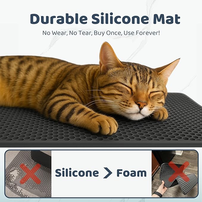 Silicone Litter Box Mat 24"x15" (Keep Floor Clean)(Easy Clean)(Anti-Crease)(Built to Last)(Non-Slip)(Double Layer Detachable)(Soft on Paws)(Claw-Proof)