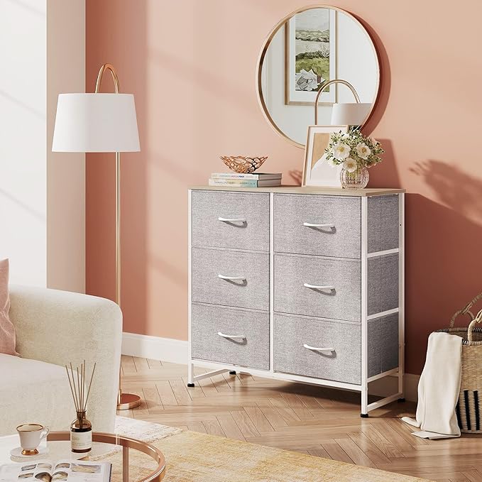 WLIVE Fabric Dresser for Bedroom, 6 Drawer Double Dresser, Storage Tower with Fabric Bins, Chest of Drawers for Closet, Living Room, Hallway, Light Grey