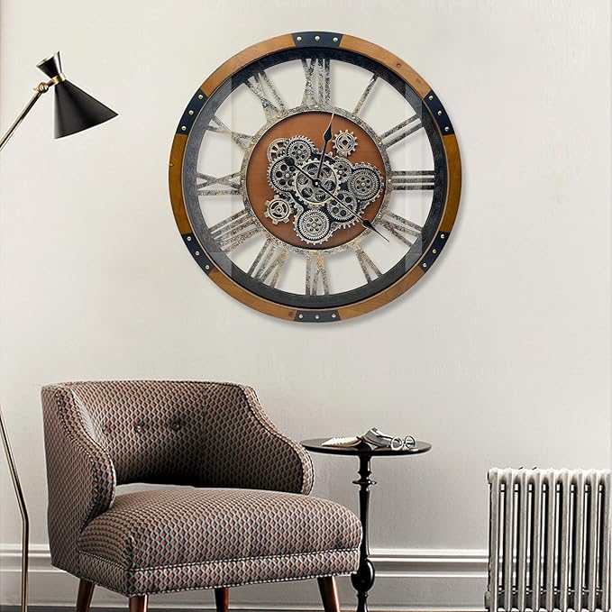 DORBOKER 27" Original Moving Gears Wall Clock, Large Industrial Wall Clock for Living Room Decor, Retro Metal Solid Wood Vintage Farmhouse Steampunk Rustic Clocks for Wall Decor,Brown Nanmu