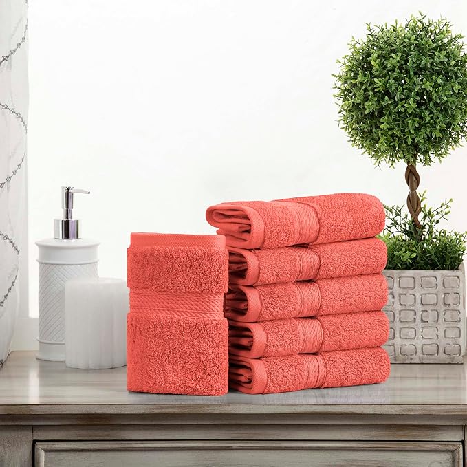 Superior Egyptian Cotton Pile Face Towel/Washcloth Set of 6, Ultra Soft Luxury Towels, Thick Plush Essentials, Absorbent Heavyweight, Guest Bath, Hotel, Spa, Home Bathroom, Shower Basics, Coral