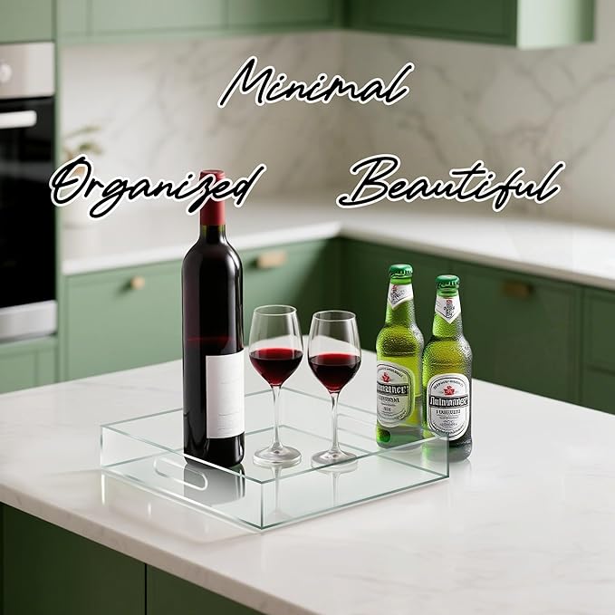 Clear Acrylic Serving Tray with Handles-Butler Trays for Coffee Table, Snacks,Breakfast in Bed, Kitchen Countertop,Vanity,Makeup Organizer,Ottoman (Clear, 12x12 Inches)