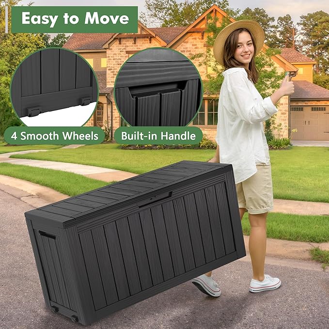 Outdoor Storage Box, Resin Deck Boxes Indoor and outdoor, Waterproof Storage Box Lockable Lid (Black, 73 Gallon)