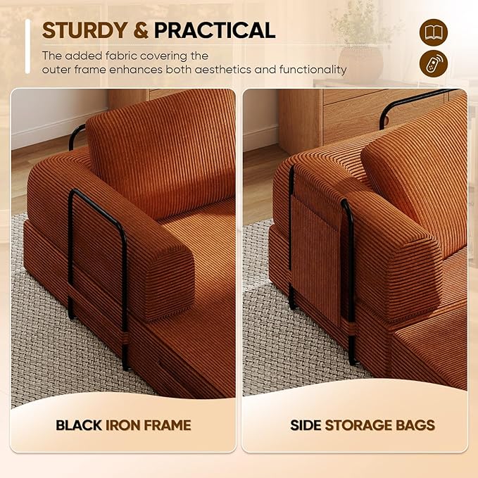 Antetek Convertible Sofa Bed, Comfy Corduroy Fluffy Love seat Sleeper Sofa, 5 in 1 Folding Couch Bed, Fold Out Floor Couch with Pillows for Bedroom, Living Room, Office, Pinstripe, Orange