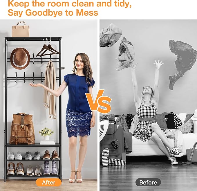 MDF Hall Tree with Bench, 4-in-1 Entryway Coat Rack with Storage Shelf & Shoe Organizer, Sturdy Freestanding Furniture for Living Room, Bedroom, Mudroom