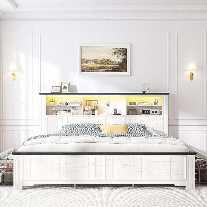 EnHomee King Size Bed Frame and Headboard & Storage, 4 Drawers and LED Built in Charging Station King Bed Frame with Storage Farmhouse,NO Noise,No Box Spring Needed,White