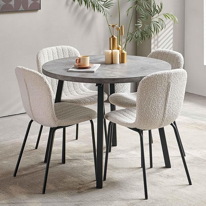 5-Piece Round Table Set for 4, 37.4" Grey Round Table with Hooks, Solid MDF Tabletop, Industrial Kitchen Table with Beige Boucle Dining Chairs for Restaurant, Dining Room