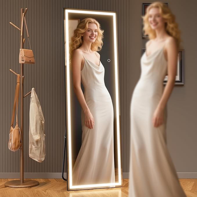 Full Length Mirror with Lights, 67" x 24" LED Lighted Floor Standing Mirror, Tempered Glass, Square Black