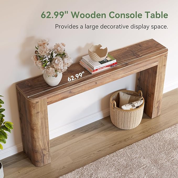 Solid Wood Console Table, 63-Inch Farmhouse Entryway Sofa Table Behind Couch for Living Room Hallway, Foyer