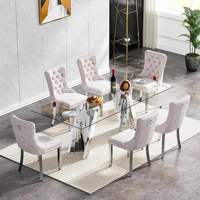 7 Piece Dining Table Set with 6 Beige Dining Chairs, Modern Glass Kitchen Table and Chairs Set for 6, 70" Rectangle Silver Glass Pedestal Dining Room Tables with Flash-Shape Stainless Steel Base