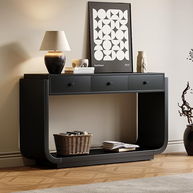 Merax 55" Entryway Table with 3 Drawers, Natural Wood Grain Finish Console Table with Fluted Design for Entryway and Living Room (Black)