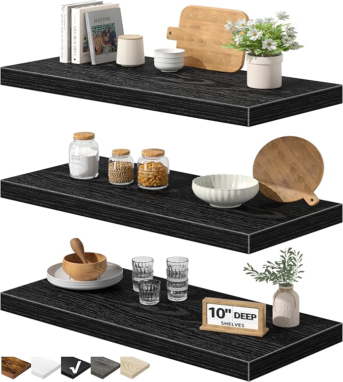 QEEIG 10" Deep Floating Shelves for Wall - 10 x 24 inch Book Shelf Bathroom Bedroom Kitchen Living Room Hanging Bookshelf Farmhouse Set of 3, Black (025-60B3)