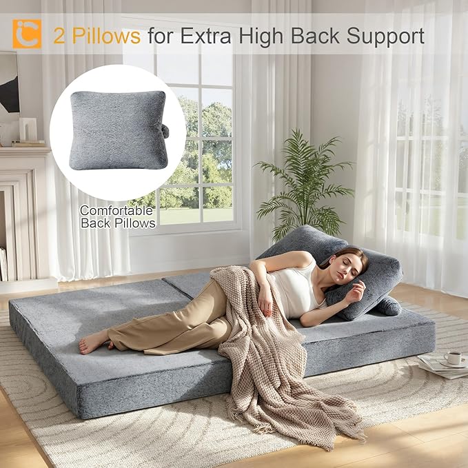 COMAX Convertible Sofa Bed, Folding Floor Couch Corduroy Fold Out Couch Bed Futon Sleeper Mattress with Pillows, Boneless Sofa Comfy Lounge Loveseat for Living Room Bedroom, Snow Grey