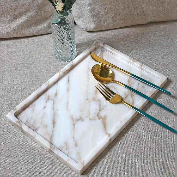 100% Natural Marble Serving Tray Luxury Marble Storage Tray for Home Decor Stone Tray for Bathroom/Kitchen/Vanity/Dresser,Plate Holder for Tissues, Candles, Towel