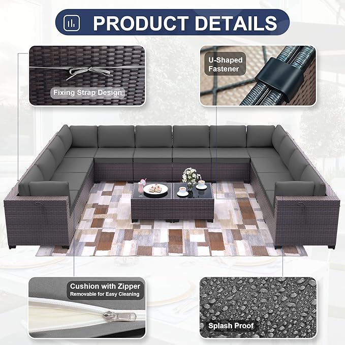 Kurapika 14 Pieces Patio Furniture Set, Rattan Wicker Outdoor Conversation Sets w/4 Inch Cushion and Glass Coffee Table(Grey)