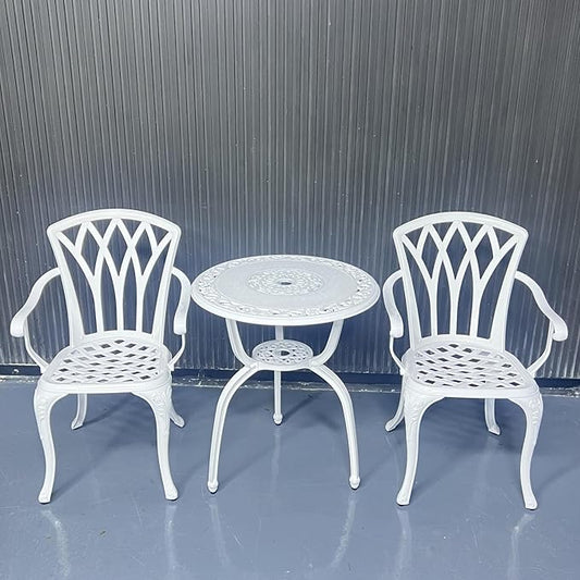 C/G Bistro Set 3 Piece Outdoor Cast Aluminum Patio Bistro Set with Umbrella Hole and Armrests,Outdoor Bistro Table Set,Patio Furniture Set Front Porch Set for Yard Garden Villa (White)